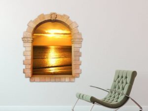 מדבקת חלון עתיק המשקיף לשעת שקיעה