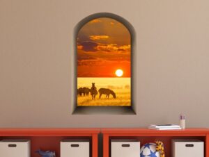 מדבקת נישת חלון עם זברות בשקיעה