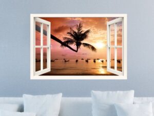 אשליית חלון תלת מימד עץ בשקיעה