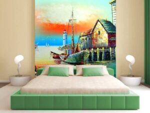 מדבקת בקתה על הים וסירה