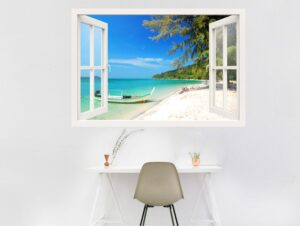 מדבקת חלון 3D | סירה בחוף