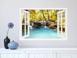 מדבקת חלון 3D | מפל ביער הצהוב