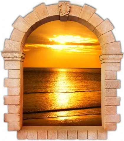 מדבקת חלון עתיק המשקיף לשעת שקיעה