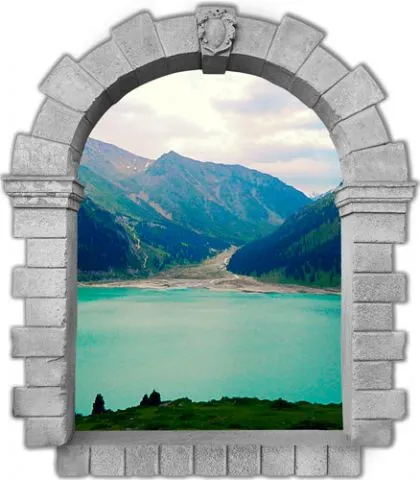 מדבקת חלון עתיק המשקיף לנוף הררי