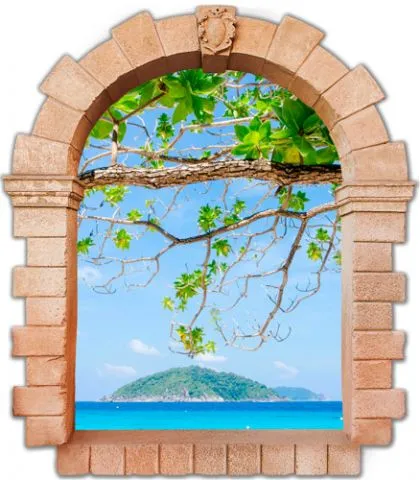 מדבקת חלון עתיק עם עץ ירקרק