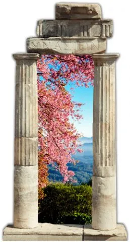 אשליית שער עמודים עם נוף עץ פורח