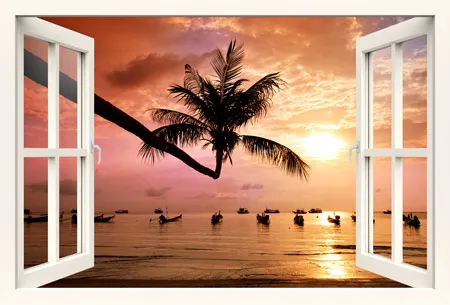 אשליית חלון תלת מימד עץ בשקיעה