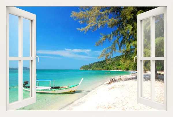 מדבקת חלון 3D | סירה בחוף