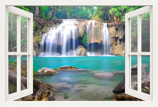 מדבקת חלון 3D |  מפל זורם לאגם צלול