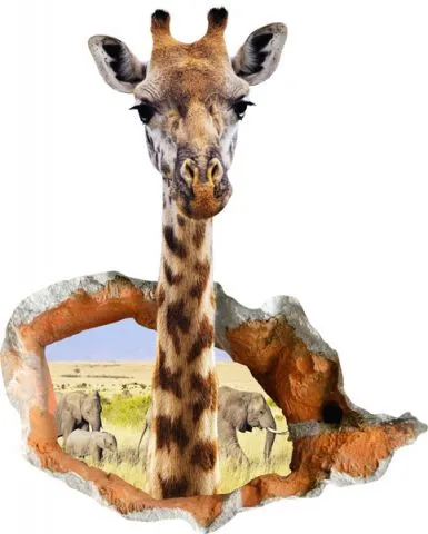 מדבקת קיר | ג׳ירפה מציצה דרך חור בקיר