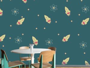 טפט לגני ילדים | טפט מדבקה | חלליות בחלל טורקיז