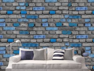 טפט קיר בריקים אפורים עם נגיעות כחולות