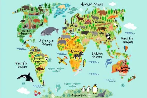 טפט צבעוני של מפת העולם מצויר עם חיות
