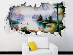 מדבקת חור תלת מיימדית אגם, איילים וחסידות