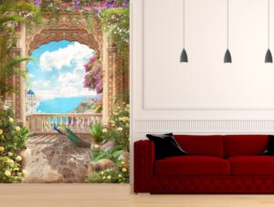 טווס במרפסת פרחונית