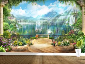 מרפסת מפוארת עם אגם ברבורים