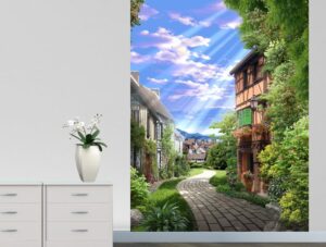 טפט שביל בין בניינים וצמחיה