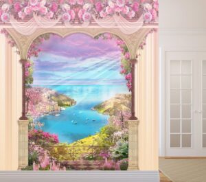 טפט קיר פרחוני עם חלון גדול ונוף