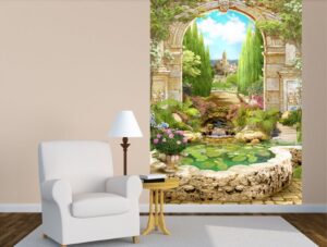 טפט מזרקה עם נוף לטירה