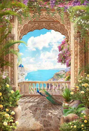 טווס במרפסת פרחונית