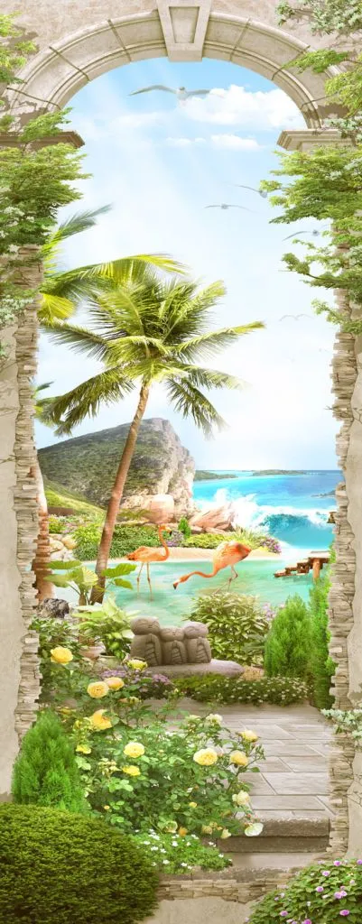 שער עם נוף של פלמינגואים