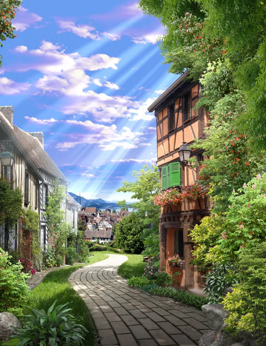 שביל בין בניינים וצמחיה