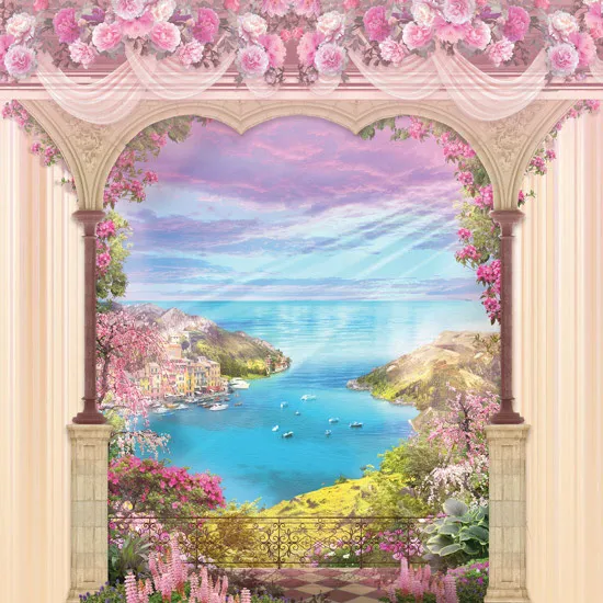 קיר פרחוני עם חלון גדול ונוף