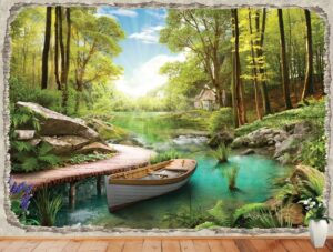 טפט חור בקיר עם סירה לבנה בנהר