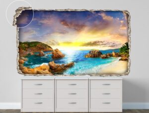 מדבקת קיר חור בקיר ים בשקיעה