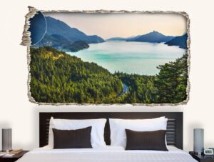מדבקת קיר חור בקיר עם נוף של יער גדול עם אגם