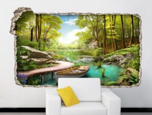 מדבקת קיר מדבקת חור בקיר עם נוף של בית קטן ביער עם סירה לבנה