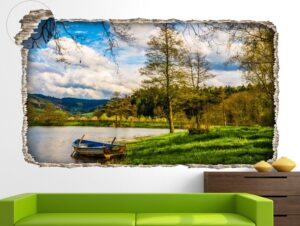 מדבקת קיר מדבקת חור של אגם יפיפה עם סירה קטנה