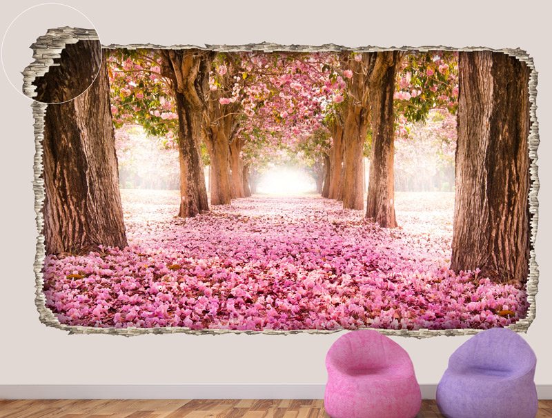 דבקת קיר תלת מיימדית עם עיצוב יפיפה של שביל מכוסה בפרחים ורודים