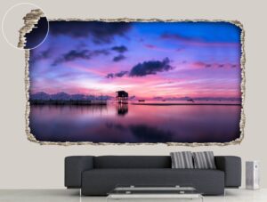 מדבקת קיר תלת מיימדית עם נוף יפיפה של שקיעה בגווני סגול וורוד