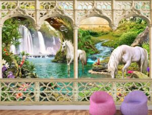 טפט מרפסת משקיפה עם חדי קרן באגם קסום