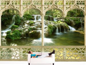 טפט מרפסת עם נוף לאגם עם מפלים קטנים