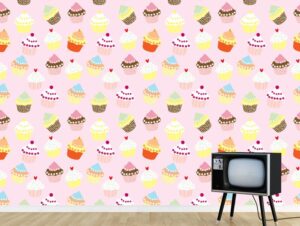 טפט ורוד עם קאפקייקס צבעוניים ומתוקים