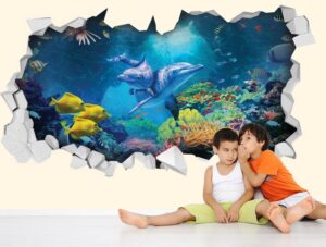 מדבקת קיר חור בקיר דגים ודולפינים
