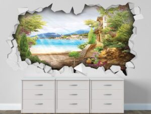 מדבקת קיר מדבקת חור בקיר נוף יפיפה של ים ועיר