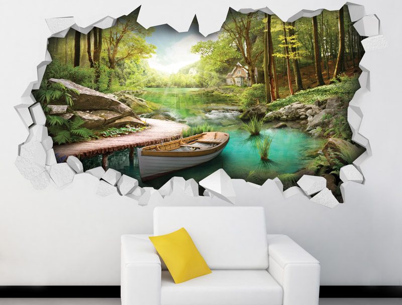 מדבקת חור בקיר עם נוף יפיפה של נהר ביער עם סירה לבנה