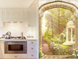 טפט שער עם נוף של גינה יפה