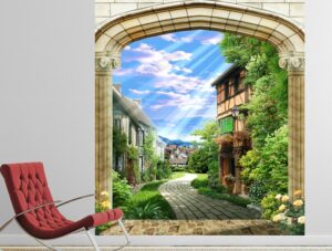 טפט תלת מימד - שער מוביל אל בתים בכפר קטן