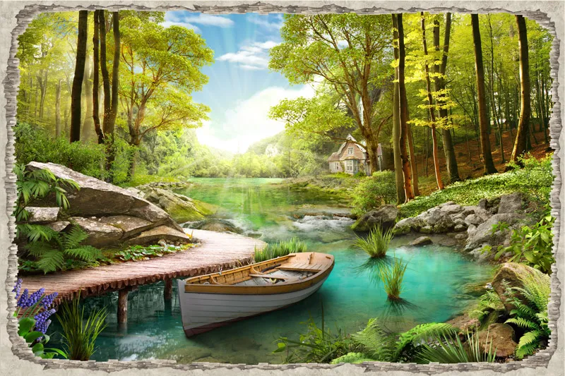 טפט חור בקיר עם סירה לבנה בנהר