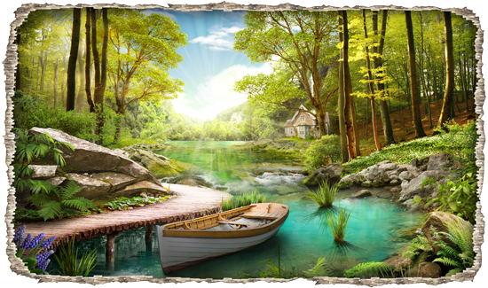 מדבקת חור בקיר עם נוף של בית קטן ביער עם סירה לבנה