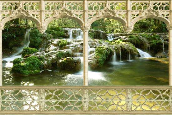 מרפסת עם נוף לאגם עם מפלים קטנים