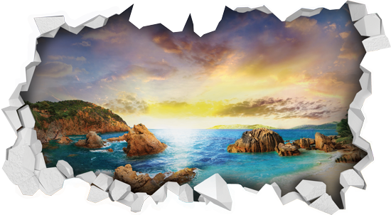 מדבקת חור בקיר עם נוף יפייפה לים