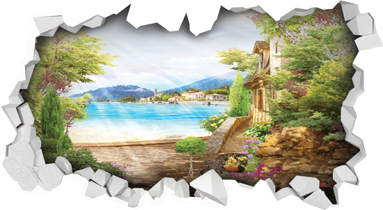 מדבקת חור בקיר נוף יפיפה של ים ועיר