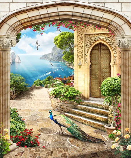 טפט שער עם טווס יפיפה במרפסת