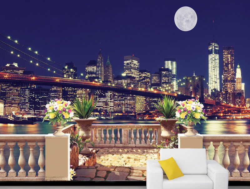 מדבקת טפט של מרפסת עם נוף לניו-יורק בליל ירח מלא