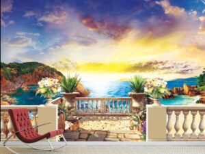 מדבקת טפט של מרפסת יפה עם נוף לשקיעה בים